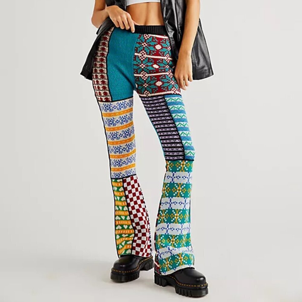 Free People X The Ragged Priest Mix Knit Multicolor Flare Boho Pants Size XS NWT